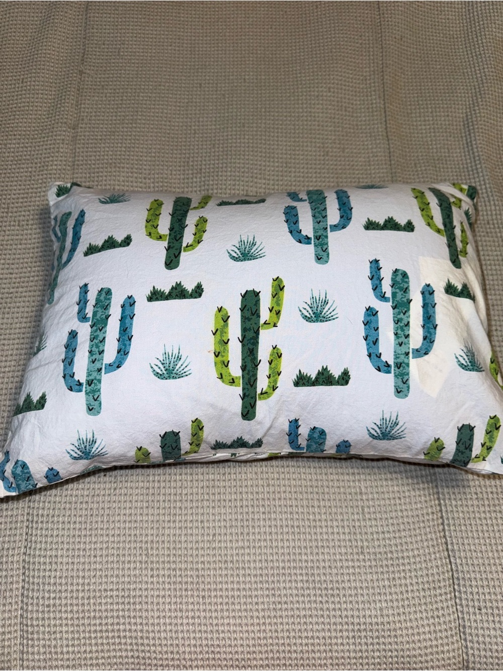 Cactus Print Toddler Sized Pillow - White Background with Green & Teal Cacti
